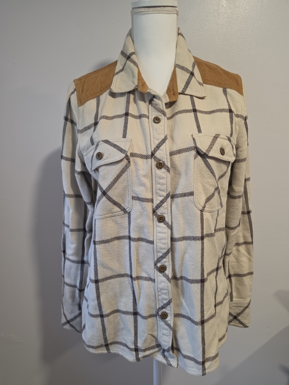 FAHERTY Daly Button Down Shirt Olivia Plaid Corduroy Elbow Patch Women's Size L